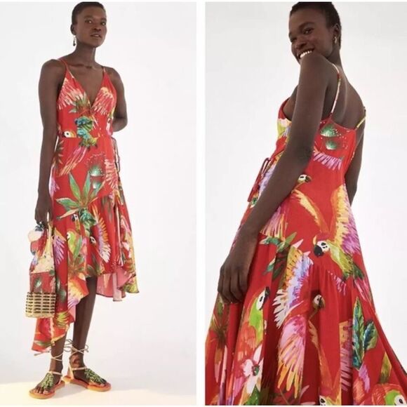 Farm Rio Red Tropical Parrot Wrap Dress XS Asymmetrical Midi Vacation Ready - Picture 13 of 13